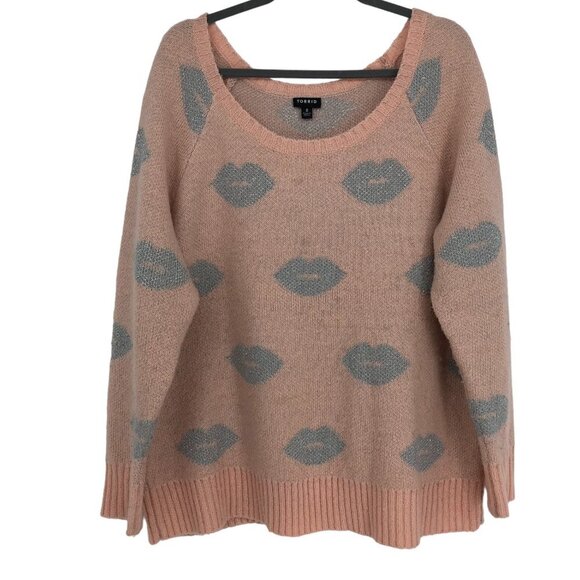 Torrid Pink Silver metallic Lip Print fuzzy Crewneck sweater size 2X - Picture 2 of 16